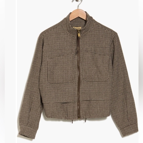 DEMOCRACY MINI CHECK ZIP FRONT BOMBER JACKET OLIVE BROWN TWEED HOUNDSTOOTH MED - Picture 3 of 14